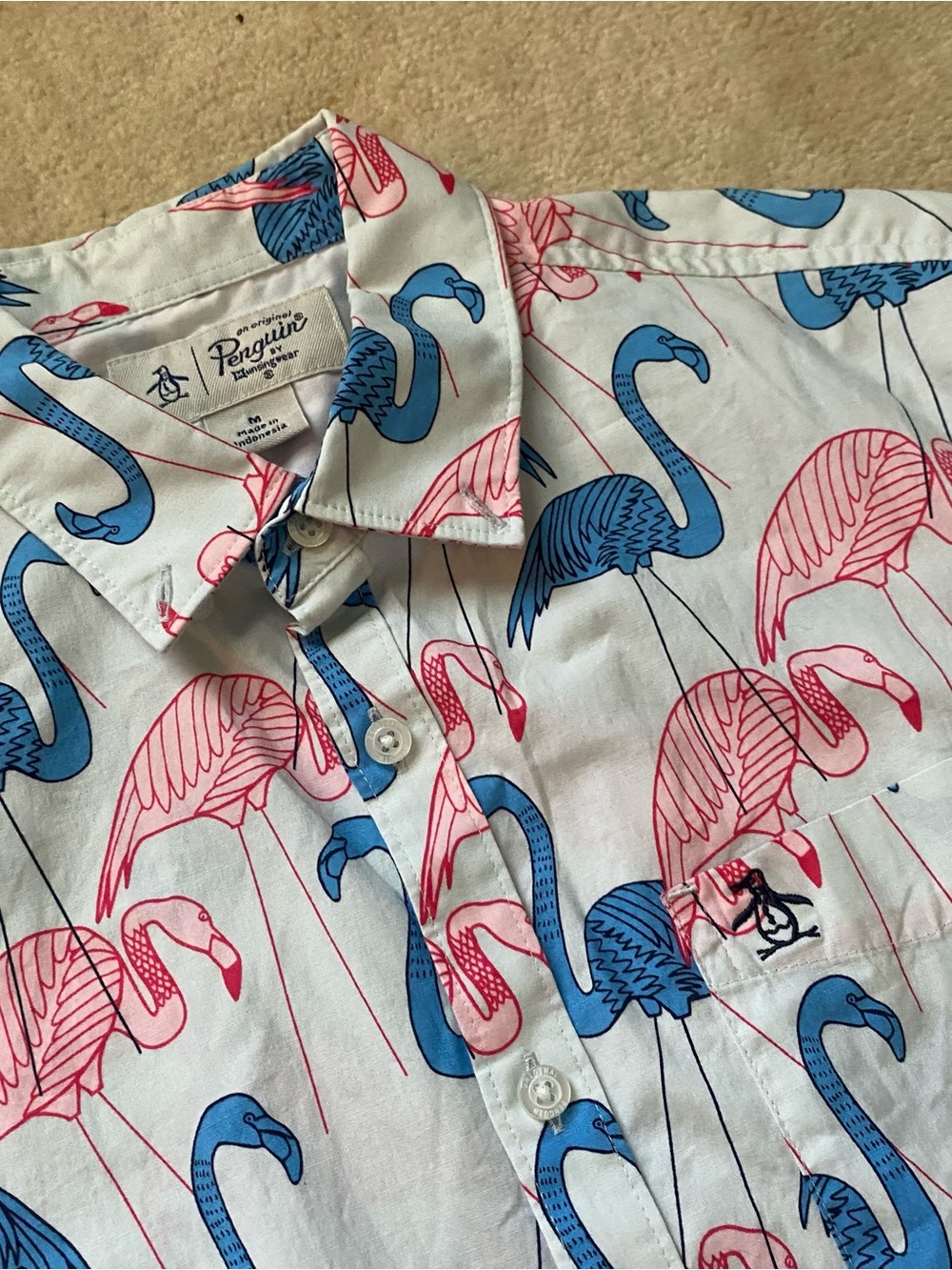 Original Penguin Flamingo Print Short Sleeve Button Down Shirt Mens Medium